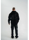 Üç İplik Kapşonlu Nakışlı SweatShirt - Siyah -