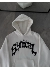 Üç İplik Kapüşonlu Baskılı Oversize SweatShirt- Beyaz -
