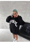 Üç İplik Kapüşonlu Baskılı SweatShirt - Siyah -