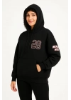 Üç İplik Kapüşonlu Ön ve Arka Baskılı SweatShirt hoodie - Siyah -