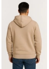Üç İplik Kapüşonlu Tam Fermuarlı Kanguru Çepli SweatShirt Hoodie - Bej -