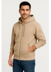 Üç İplik Kapüşonlu Tam Fermuarlı Kanguru Çepli SweatShirt Hoodie - Bej -