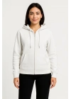 Üç İplik Kapüşonlu Tam Fermuarlı Kanguru Çepli SweatShirt Hoodie - Beyaz -