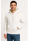 Üç İplik Kapüşonlu Tam Fermuarlı Kanguru Cepli SweatShirt Hoodie - Beyaz -