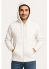 Üç İplik Kapüşonlu Tam Fermuarlı Kanguru Cepli SweatShirt Hoodie - Beyaz -