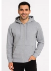 Üç İplik Kapüşonlu Tam Fermuarlı Kanguru Çepli SweatShirt Hoodie - Gri -