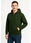 Üç İplik Kapüşonlu Tam Fermuarlı Kanguru Cepli Sweatshirt Hoodie - Haki -