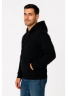 Üç İplik Kapüşonlu Tam Fermuarlı Kanguru Çepli SweatShirt Hoodie - Siyah -