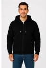 Üç İplik Kapüşonlu Tam Fermuarlı Kanguru Çepli SweatShirt Hoodie - Siyah -