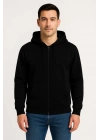 Üç İplik Kapüşonlu Tam Fermuarlı Kanguru Çepli SweatShirt Hoodie - Siyah -