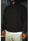 Üç İplik Penye Kapşonlu Basic SweatShirt - Siyah -