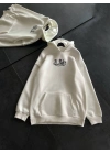 Üç İplik Penye Uzun Kol Kapüşonlu Baskılı SweatShirt - Beyaz -