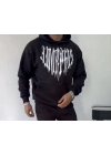 Uzun Kol Kapüşonlu Baskılı SweatShirt - Siyah -