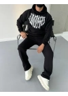 Uzun Kol Kapüşonlu Baskılı SweatShirt - Siyah -