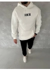 Uzun Kol Kapüşonlu Göğüs Baskılı SweatShirt - Beyaz -