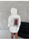 Uzun Kol Kapüşonlu Ön Ve Arka Baskılı SweatShirt - Beyaz -