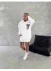 Uzun Kol Kapüşonlu Ön Ve Arka Baskılı SweatShirt - Beyaz -