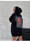 Uzun Kol Kapüşonlu Ön Ve Arka Baskılı SweatShirt - Siyah -