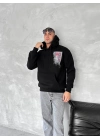Uzun Kol Kapüşonlu Ön Ve Arka Baskılı SweatShirt - Siyah -