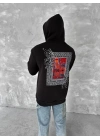 Uzun Kol Kapüşonlu Ön Ve Arka Baskılı SweatShirt - Siyah -