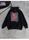 Uzun Kol Kapüşonlu Ön Ve Arka Baskılı SweatShirt - Siyah -
