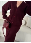 V Yaka 3 Düğmeli Hırka Takım Triko İkili Etekli - Bordo -