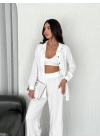 Yakalı Düğmeli Uzun Kollu Gömlek Pantolon ikili Takım - Beyaz -
