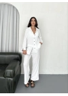 Yakalı Düğmeli Uzun Kollu Gömlek Pantolon ikili Takım - Beyaz -