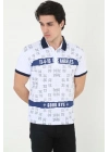 Yakalı Slim Fit Baskılı T-Shirt - Beyaz -