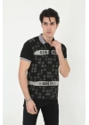Yakalı Slim Fit Baskılı T-Shirt - Siyah -