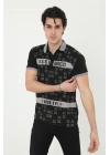 Yakalı Slim Fit Baskılı T-Shirt - Siyah -