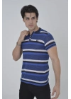 Yakalı Slim Fit Dokuma Çizgili T-Shirt - Mavi -