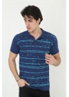 Yakalı Slim Fit Pike Çizgili T-Shirt - Mavi -