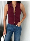 Yakalı Tam Fermuarlı Kolsuz Bluz - Bordo -