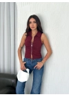 Yakalı Tam Fermuarlı Kolsuz Bluz - Bordo -