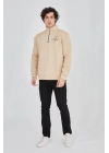 Yarım Fermuarlı Baskılı Sweat - Bej -