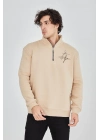Yarım Fermuarlı Baskılı Sweat - Bej -