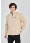 Yarım Fermuarlı Baskılı Sweat - Bej -