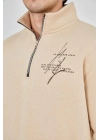 Yarım Fermuarlı Baskılı Sweat - Bej -