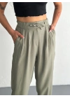 Yüksel Bel Beli Bağcıklı Cepli Rahat Paça Pantalon - Su Yeşili -