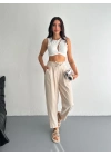 Yüksel Bel Beli Bağcıklı Rahat Boru Paça Pantalon - Kırık Beyaz -