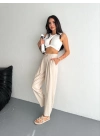 Yüksel Bel Beli Bağcıklı Rahat Boru Paça Pantalon - Kırık Beyaz -