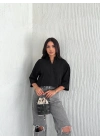 Z Krep   Crop Yakalı Gömlek İlik Düğmeli Üç Çeyrek Sleeve Kol - Siyah -