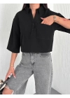 Z Krep   Crop Yakalı Gömlek İlik Düğmeli Üç Çeyrek Sleeve Kol - Siyah -