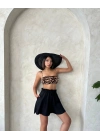 Volanlı keten şort siyah s255058