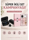 Wireless Şarjlı Pembe Akıllı Saat ve Kablosuz Bluetooth Kulaklık Dokunmatik Kontrol
