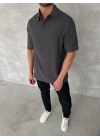 Yakalı Patlı Kısa Kol T-shirt - Antrasit -