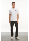 Yakası Düğmeli Yakalı Pike Baskılı T-Shirt - Beyaz