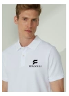Yakası Düğmeli Yakalı Pike Baskılı T-Shirt - Beyaz
