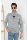 Yarım Boğazlı Baskılı Dokuma Triko - Gri
